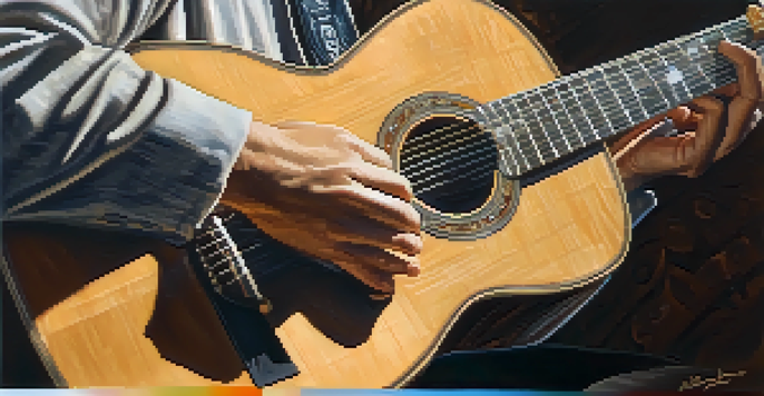 A close-up of a guitarist's hands playing a vintage acoustic guitar, with sunlight filtering through leaves.