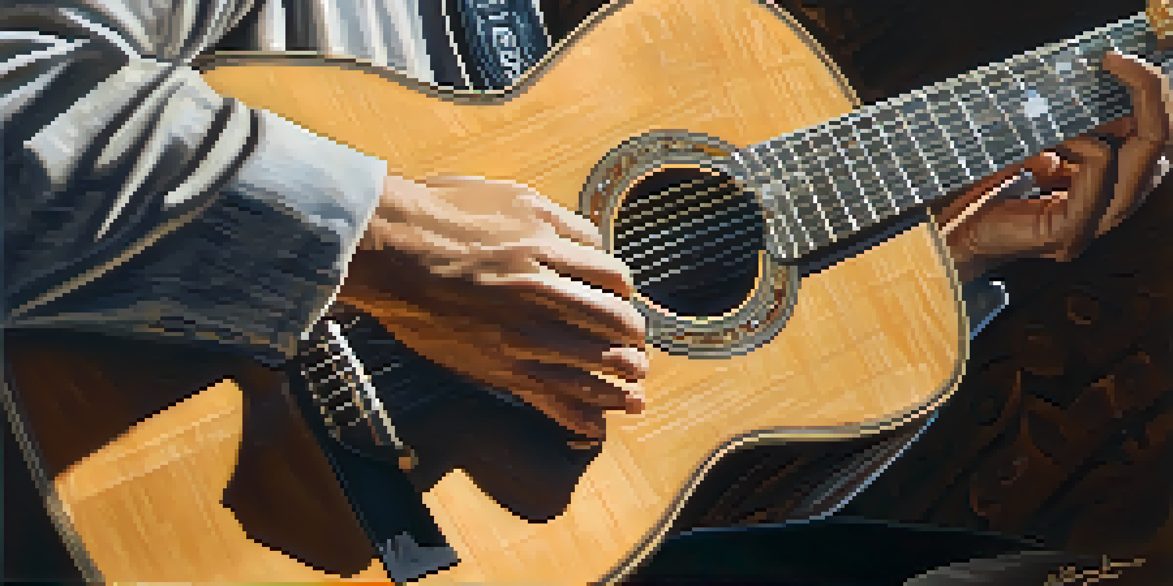 A close-up of a guitarist's hands playing a vintage acoustic guitar, with sunlight filtering through leaves.