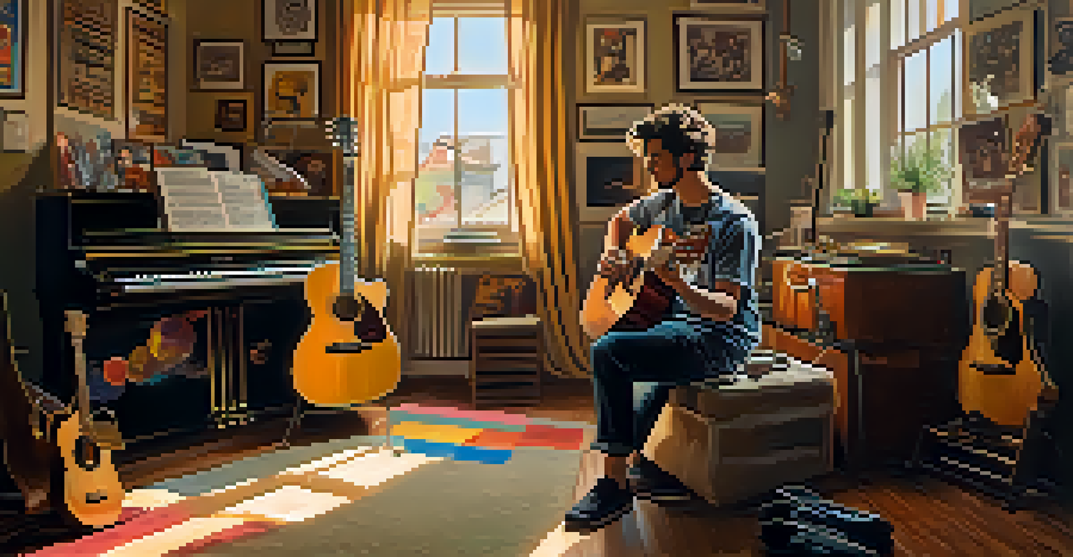 An artist in a cozy room playing a guitar, surrounded by various musical instruments and posters.