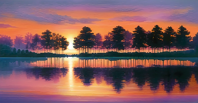 A picturesque sunset reflecting on a calm lake, surrounded by silhouetted trees and a gentle mist.