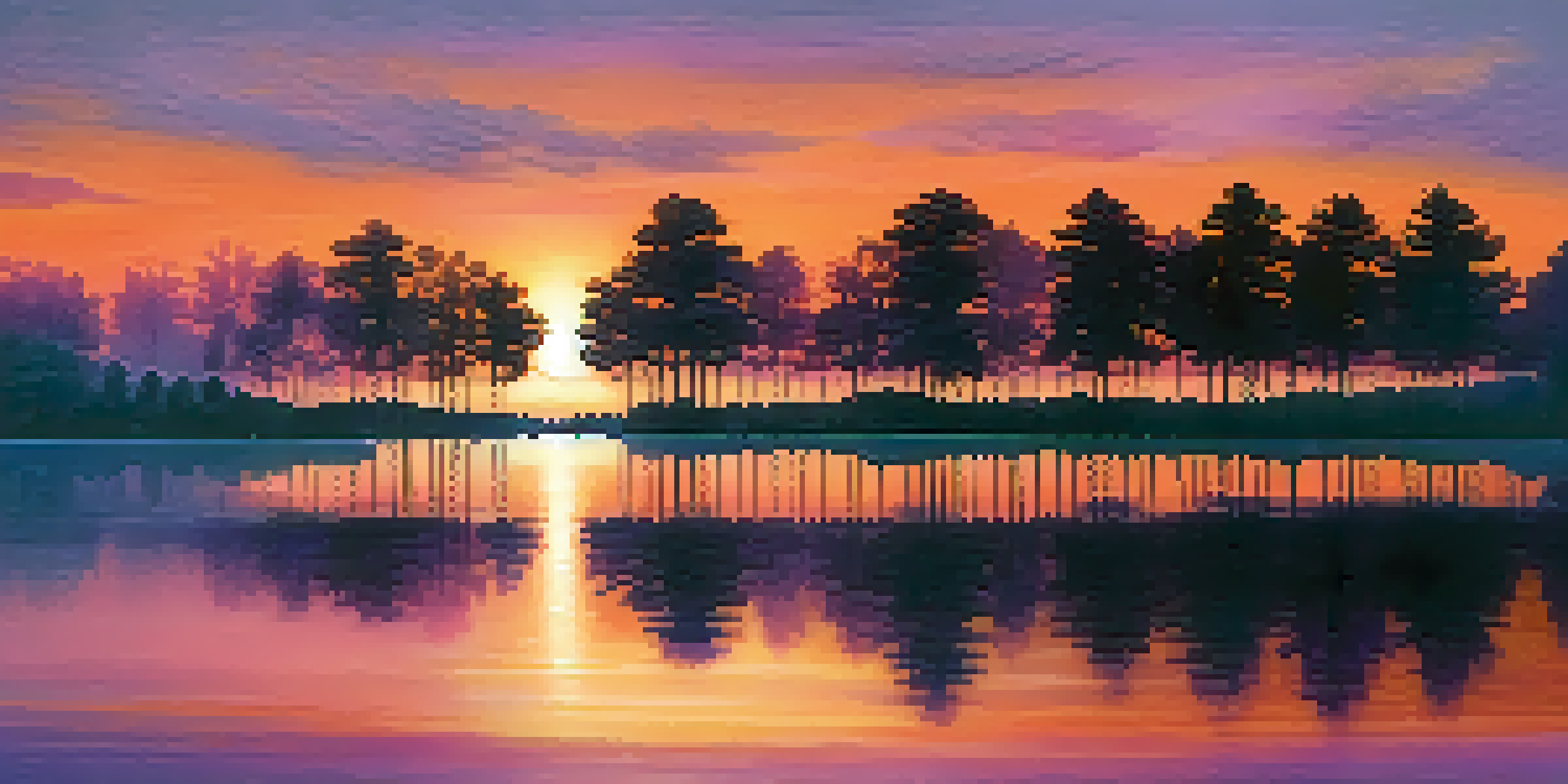 A picturesque sunset reflecting on a calm lake, surrounded by silhouetted trees and a gentle mist.