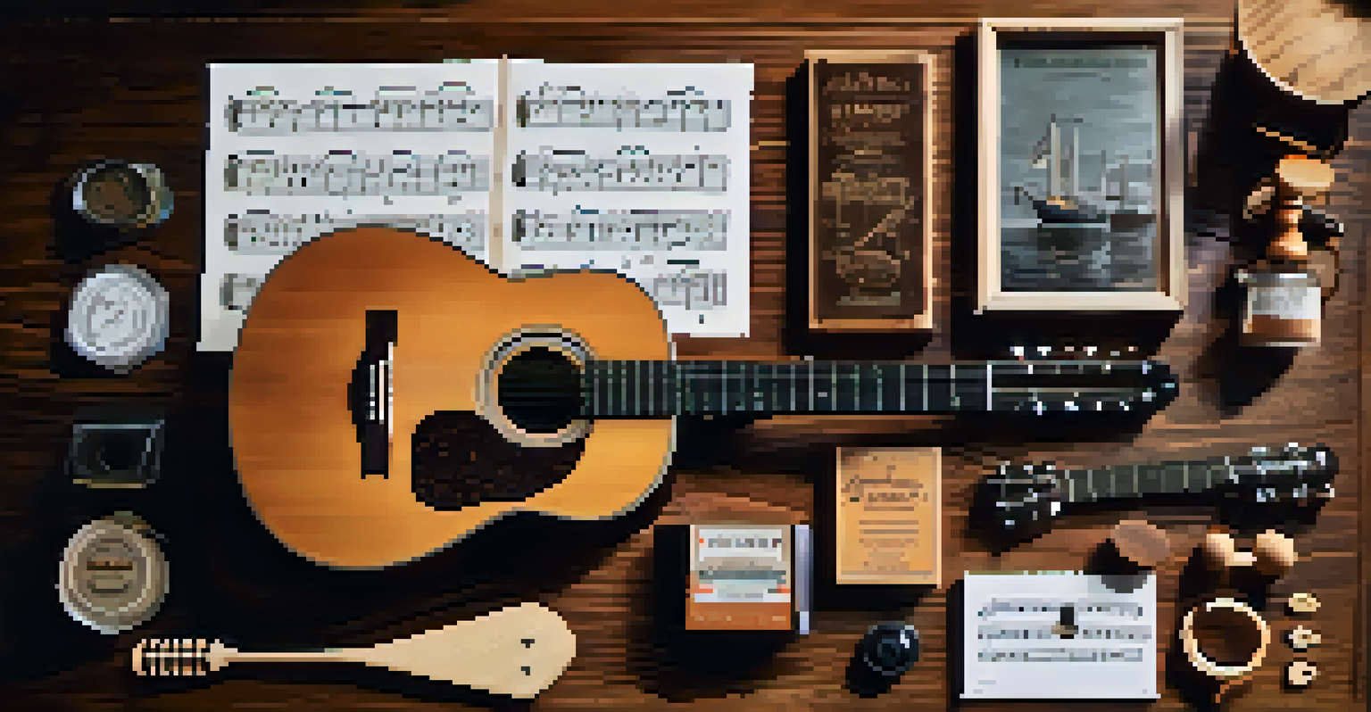 A flat lay of fingerstyle guitar accessories on a wooden table, including a guitar and sheet music.
