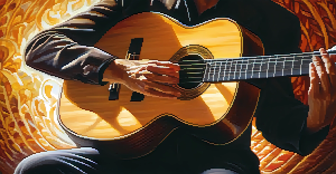 A close-up of a flamenco guitarist's hands playing the guitar, highlighting intricate finger techniques and polished wood.