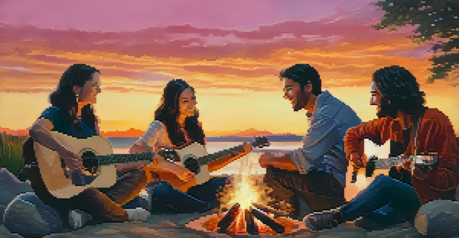A group of friends around a campfire singing as a young woman plays guitar during a vibrant sunset.