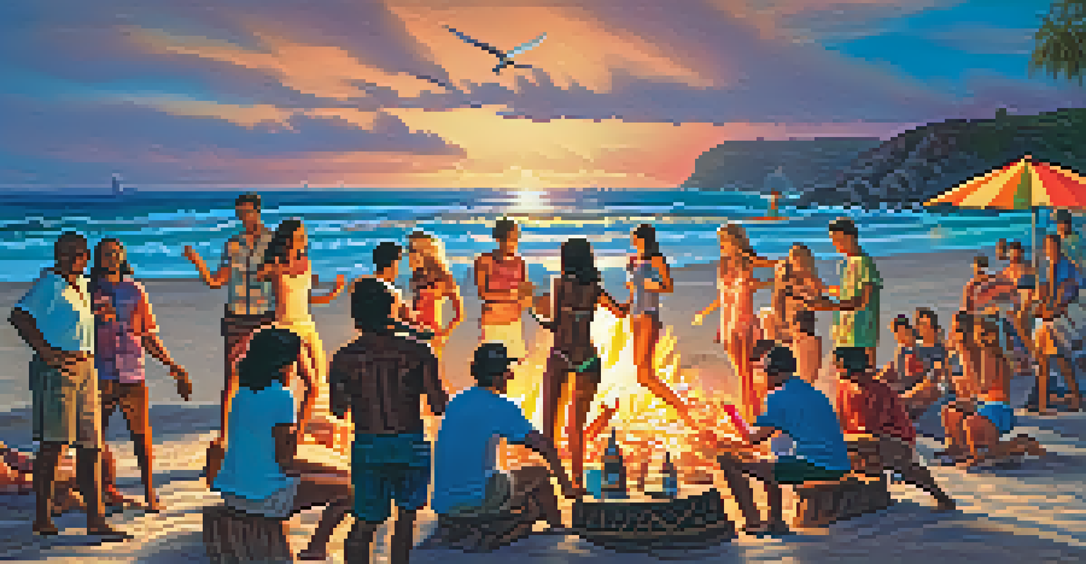 A beach party scene with people dancing by a bonfire, surrounded by surfboards and a festive atmosphere.