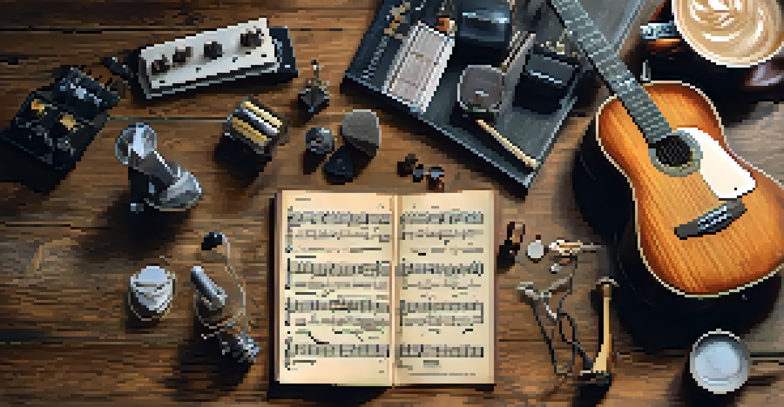 A flat lay of guitar accessories including a metronome, picks, and sheet music on a rustic wooden table with a cup of coffee.