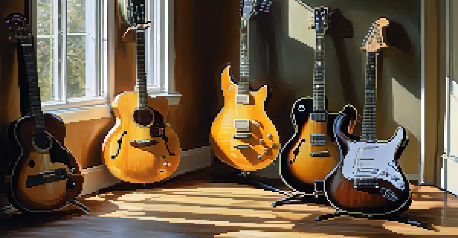 Different types of guitars arranged on a wooden floor with soft light coming through a window.