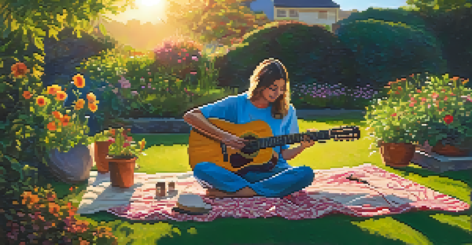 A person playing guitar in a garden at sunset, surrounded by flowers and greenery.