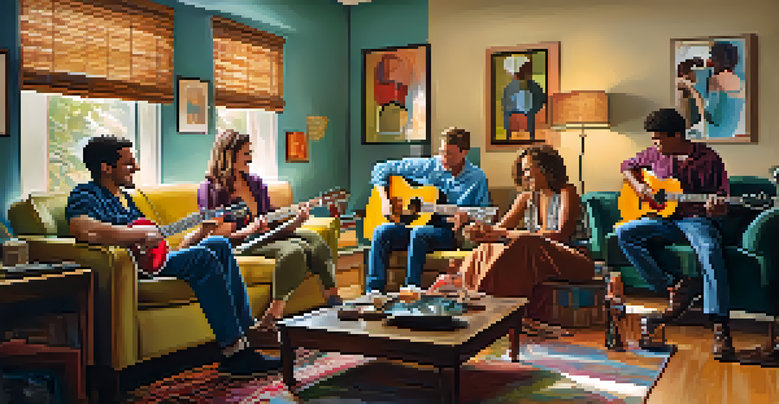 A group of musicians jamming in a cozy living room, with a guitarist playing passionately as others listen.