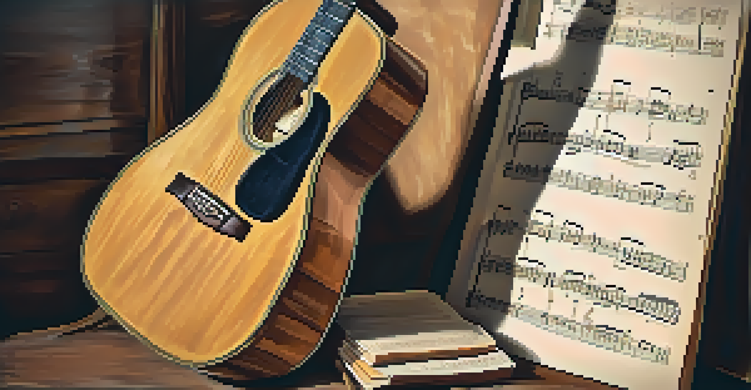 A vintage acoustic guitar placed on a wooden chair, with sheet music around it, illuminated by soft lighting.