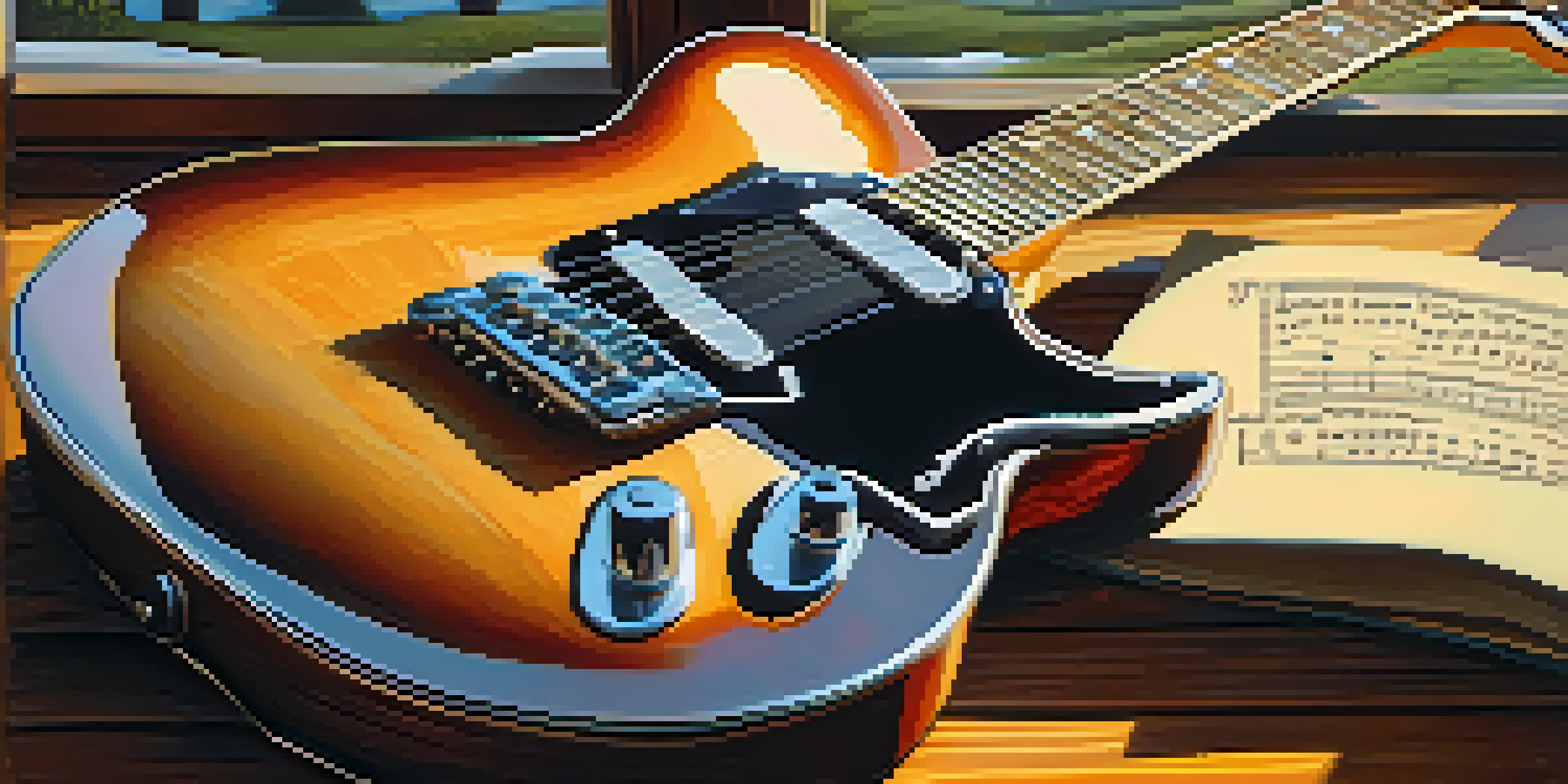 A vintage electric guitar on a wooden table with sheet music for open G tuning, illuminated by warm sunlight.