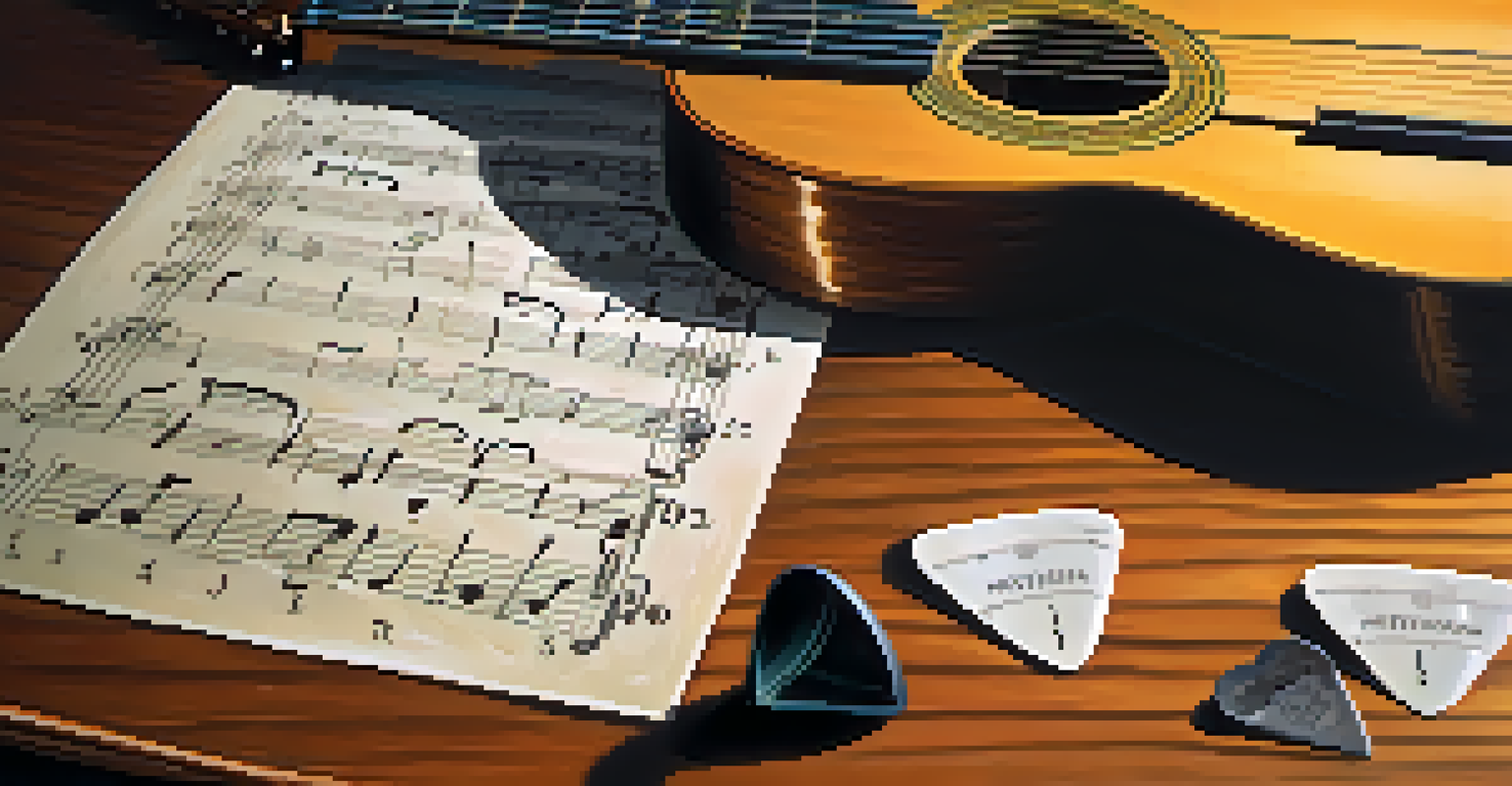 A metronome, guitar picks, and sheet music on a wooden table, depicting a practice scene for guitarists.