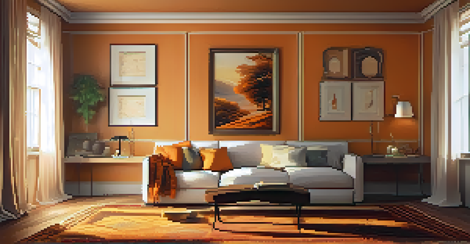 A warm and inviting music room with an acoustic guitar on a plush rug, surrounded by soft drapes and warm-colored walls.