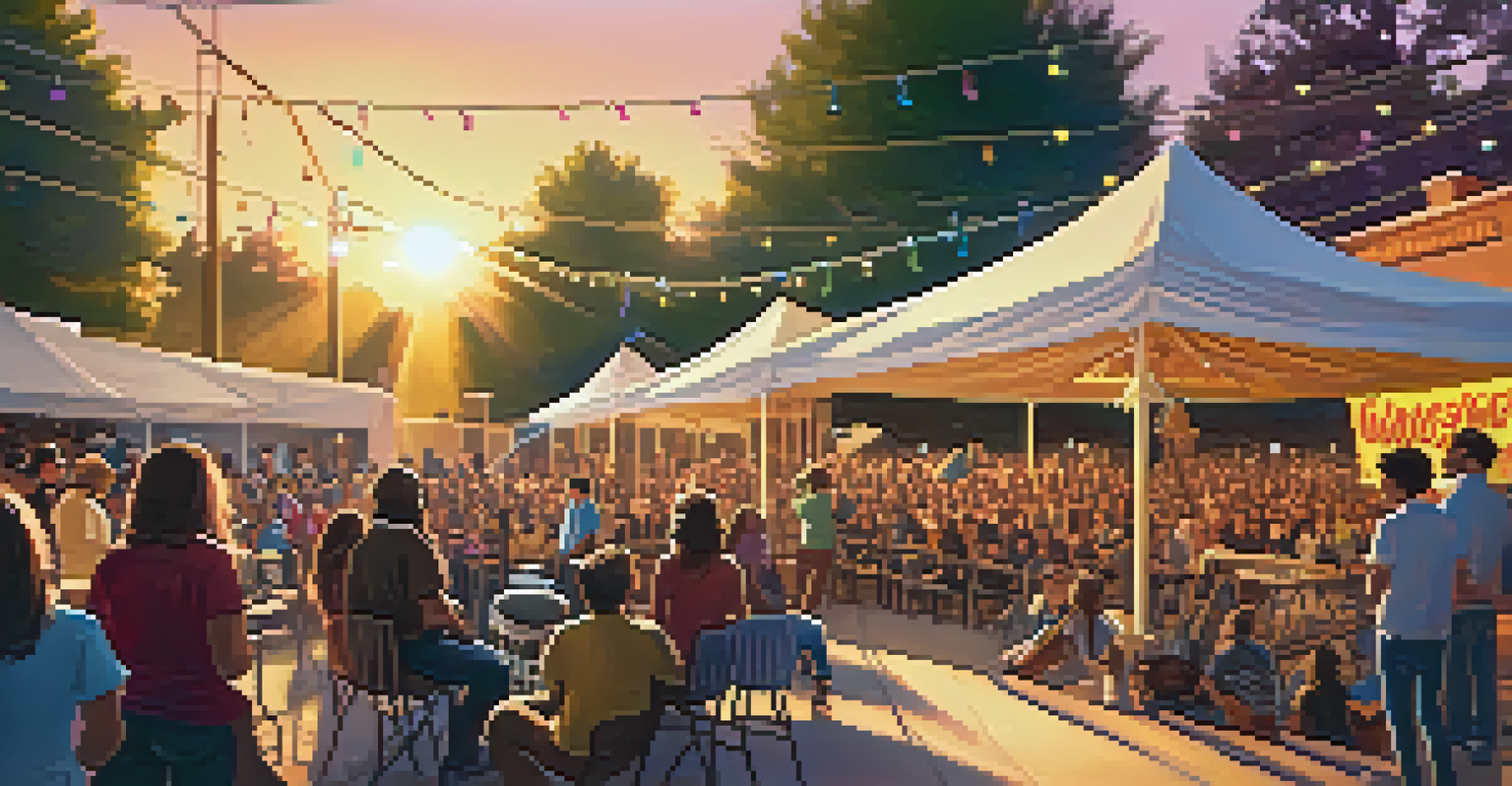 A vibrant outdoor music event with local musicians performing on stage, colorful decorations, and an engaged audience.