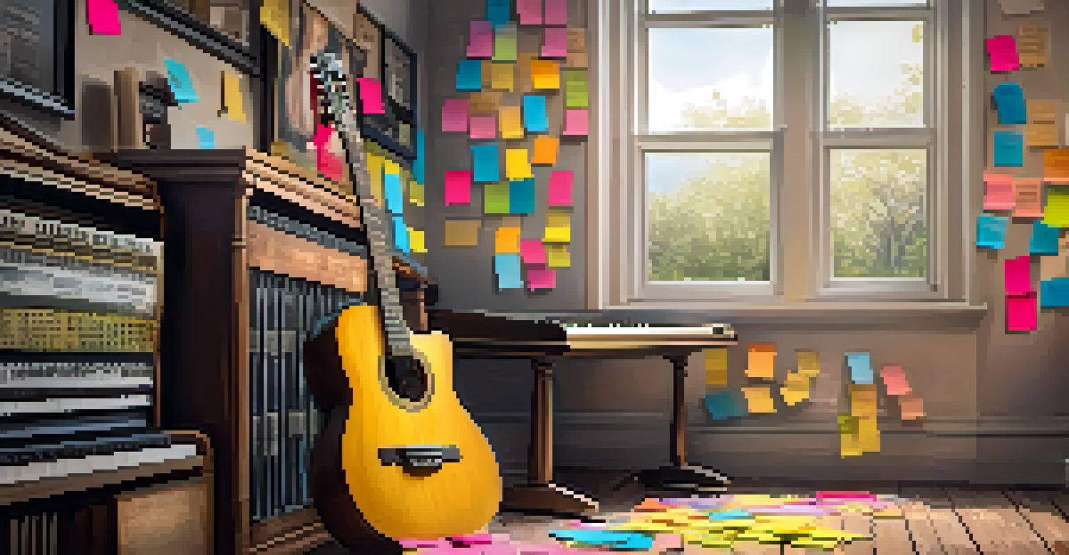 A guitar leaning against a wall, surrounded by colorful sticky notes with song lyrics, in a cozy practice space with soft lighting.
