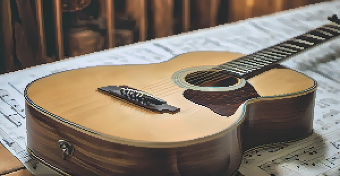 Close-up of an acoustic guitar on a wooden table, with music sheets and a vintage metronome in the background.