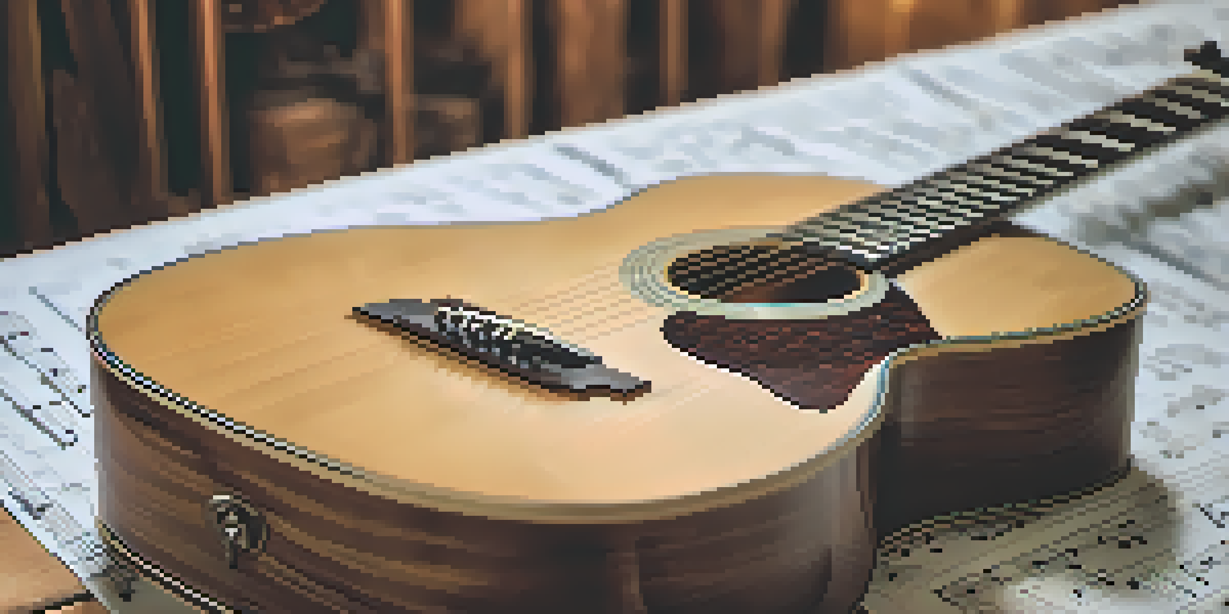 Close-up of an acoustic guitar on a wooden table, with music sheets and a vintage metronome in the background.