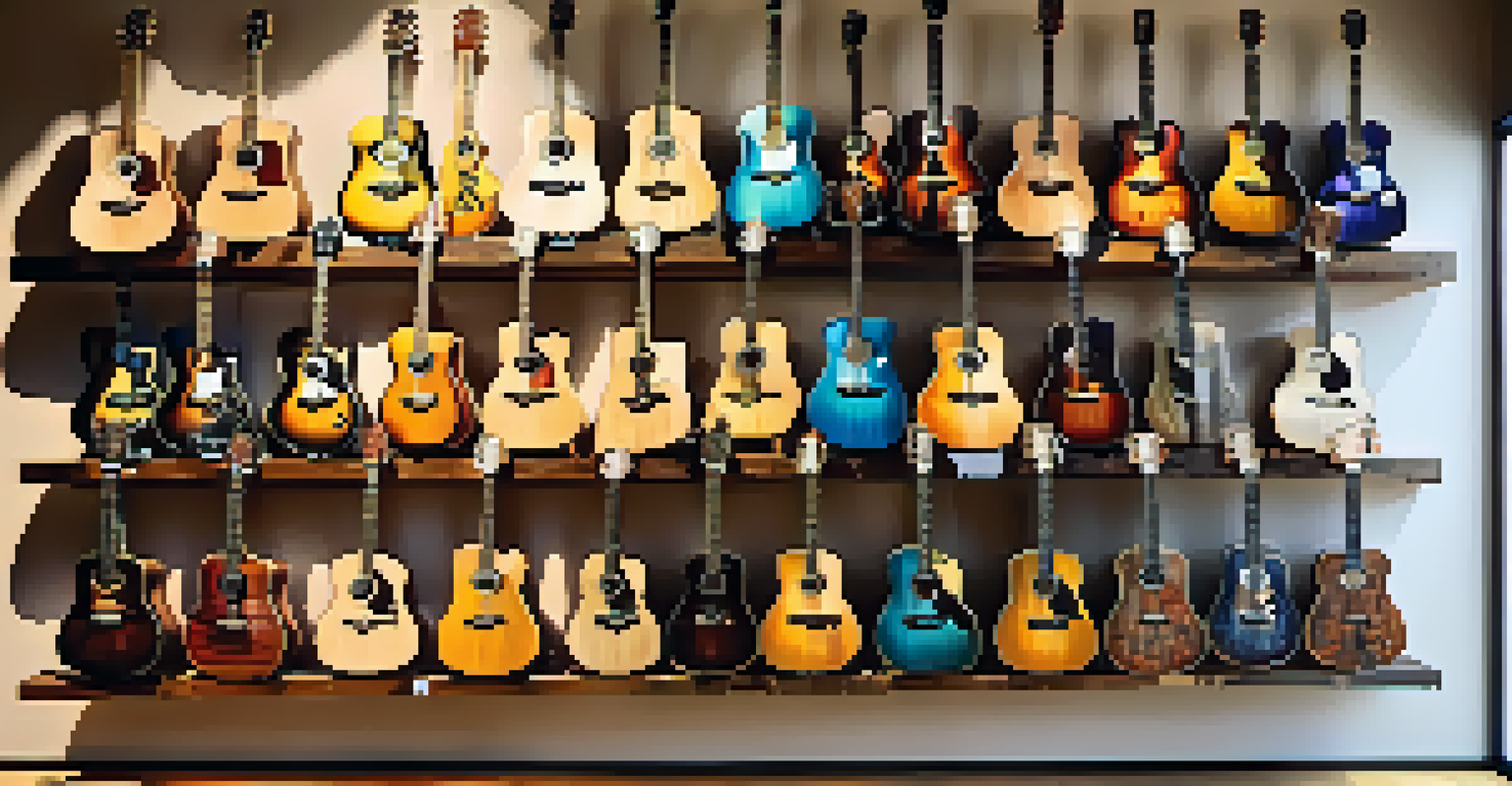 A display of eco-friendly guitars made from reclaimed wood in a music store, illuminated by sunlight.