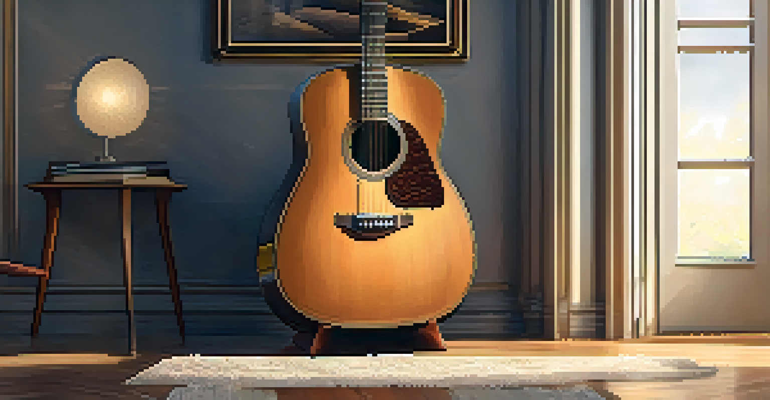 An acoustic guitar in a wooden case on a stand, illuminated by warm light in a cozy room.