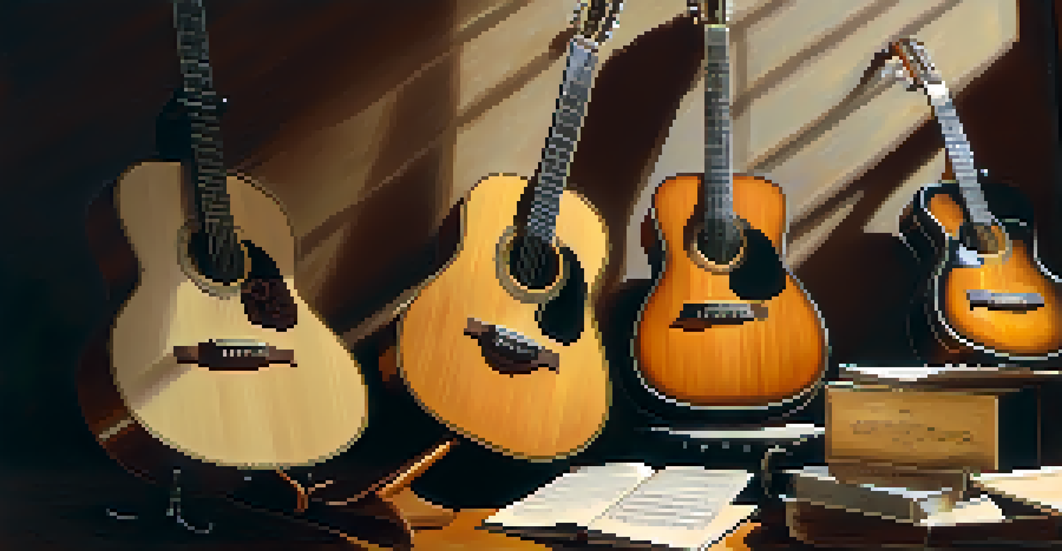 An artistic arrangement of acoustic and classical guitars on a wooden table, with fingerpicks and sheet music, illuminated by warm lighting.