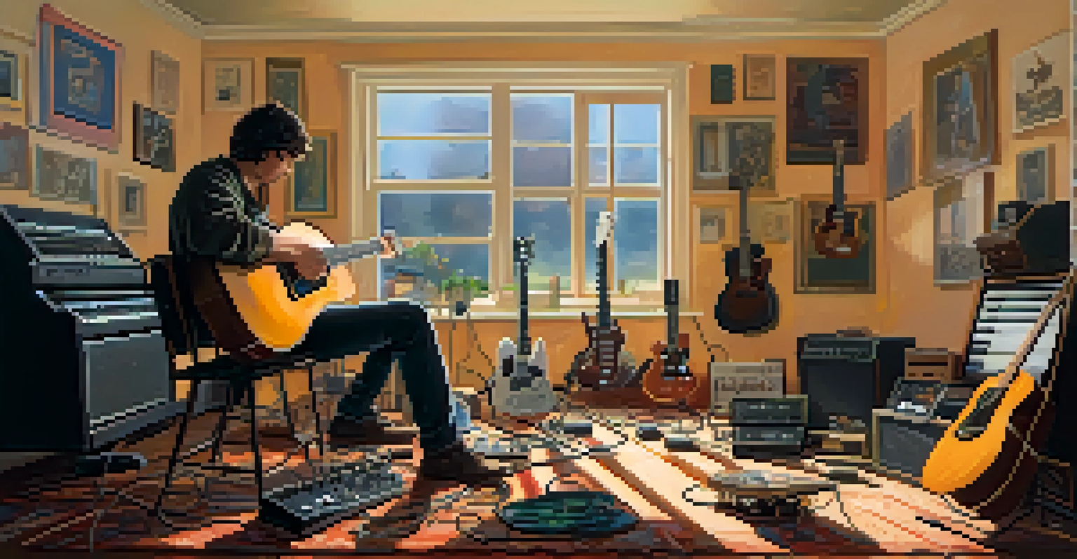 A musician sitting in a cozy room with a guitar and various guitar pedals around, capturing a moment of creativity and experimentation.
