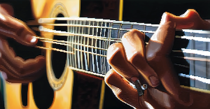 A close-up view of a person's hands playing an acoustic guitar, showcasing finger placements and the texture of the guitar's wood.