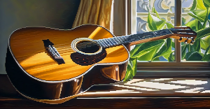 A close-up of an acoustic guitar on a wooden table with sunlight illuminating its details and soft greenery in the background.