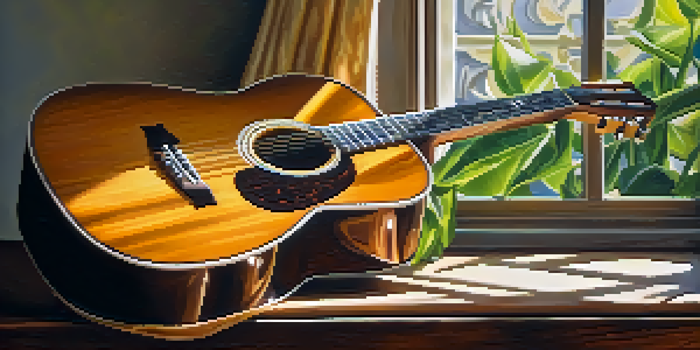 A close-up of an acoustic guitar on a wooden table with sunlight illuminating its details and soft greenery in the background.