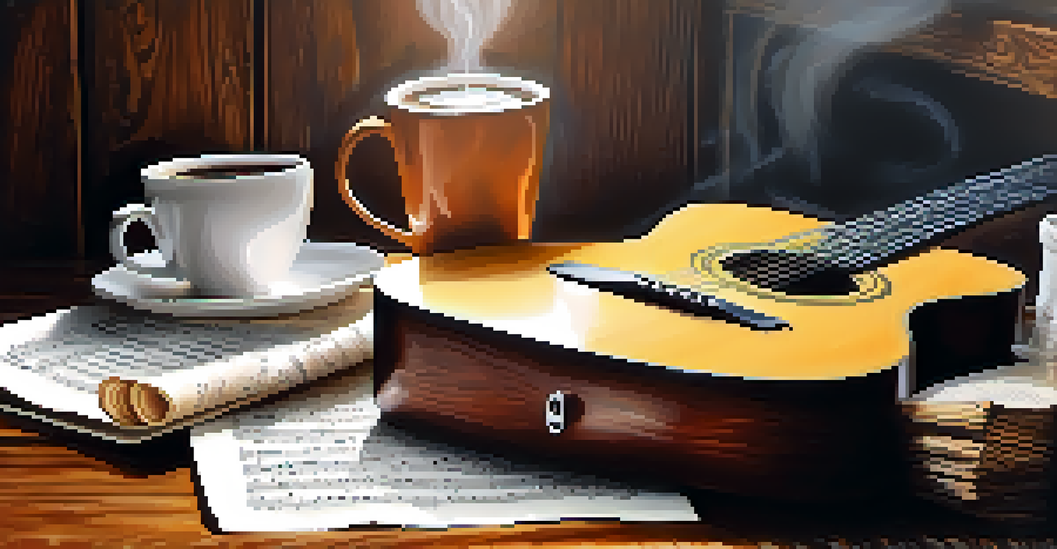 An acoustic guitar, sheet music, and a cup of coffee on a rustic wooden table with natural light.