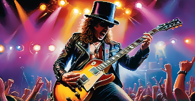 A rock guitarist wearing a top hat and leather jacket, playing a guitar on stage with colorful lights and an excited crowd in the background.