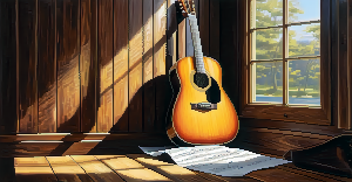 A close-up of an acoustic guitar leaning against a wooden wall, illuminated by sunlight, with sheet music pages around it.