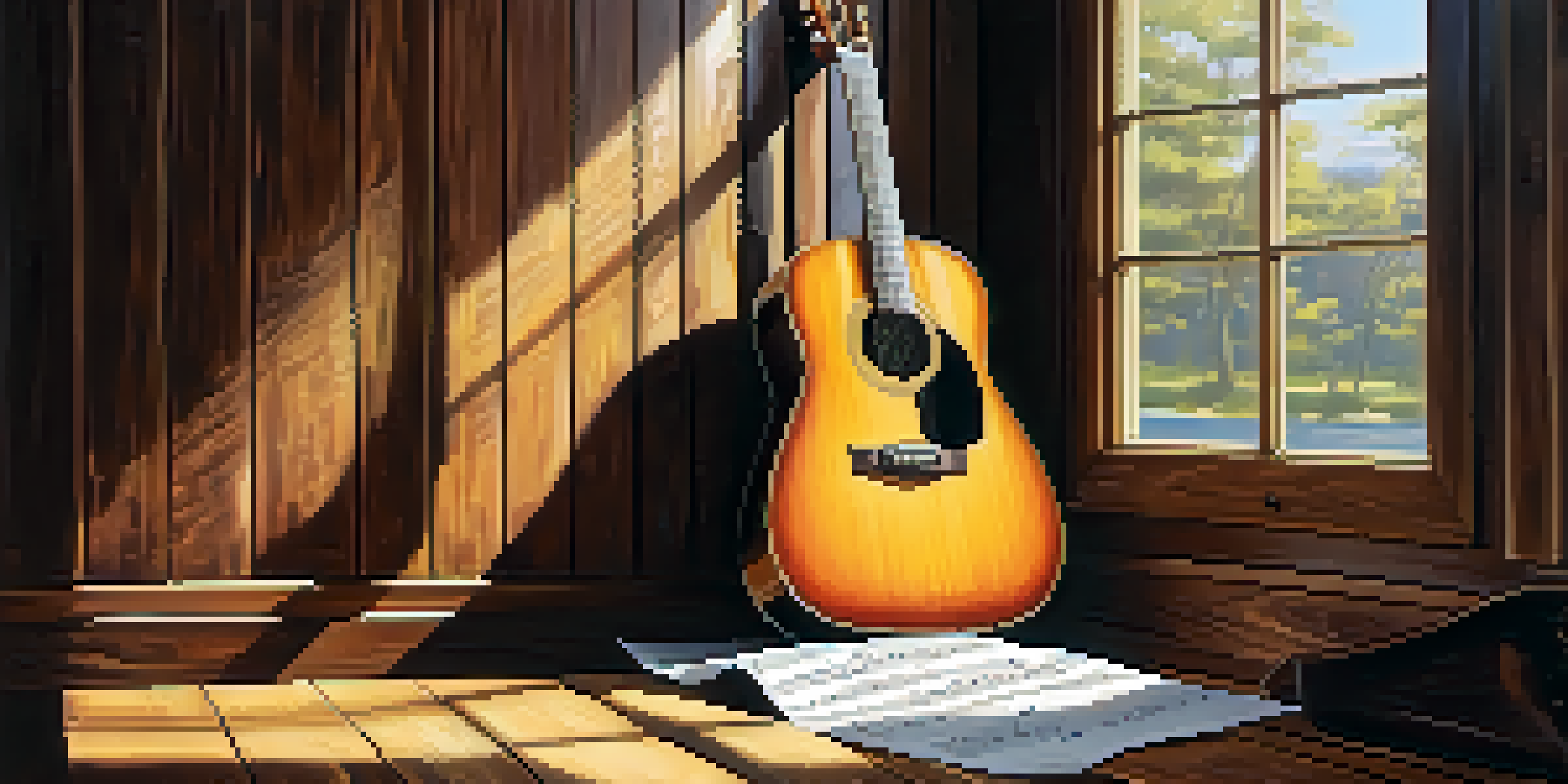 A close-up of an acoustic guitar leaning against a wooden wall, illuminated by sunlight, with sheet music pages around it.