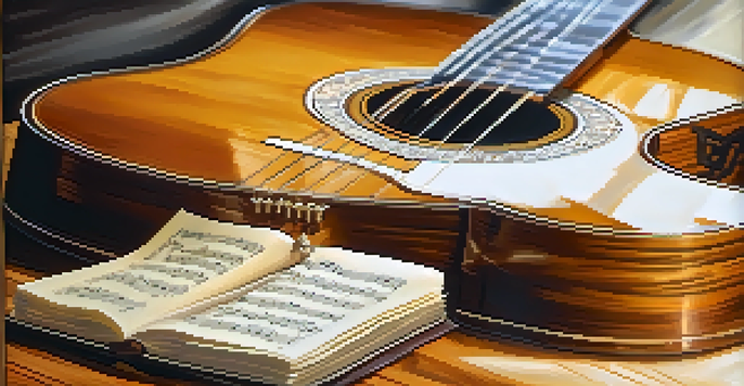A classical guitar on a wooden table, with soft lighting and a sheet of music beside it.