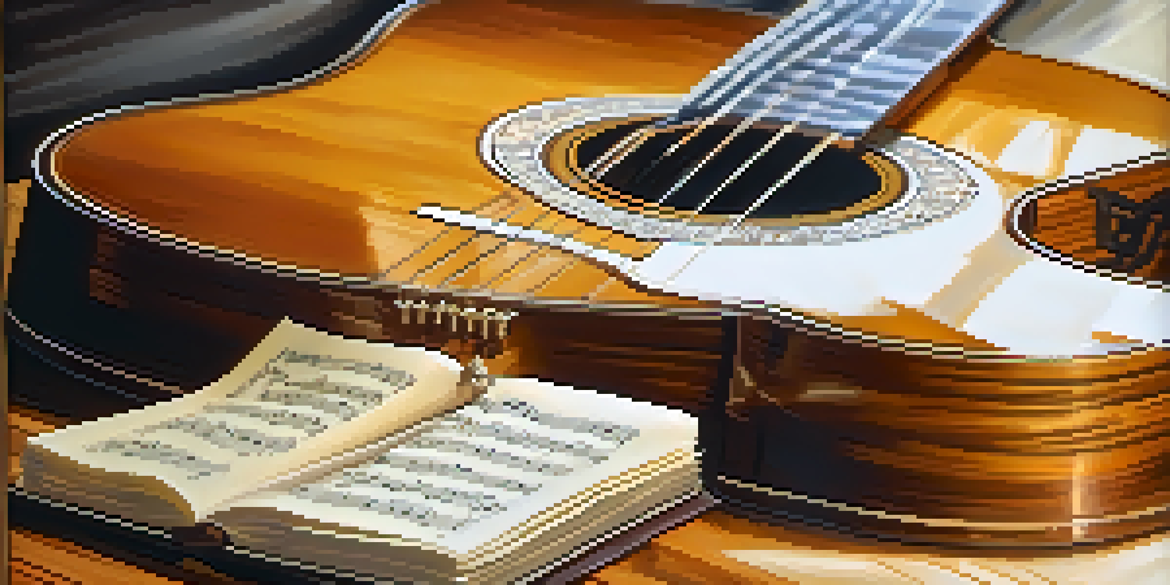A classical guitar on a wooden table, with soft lighting and a sheet of music beside it.