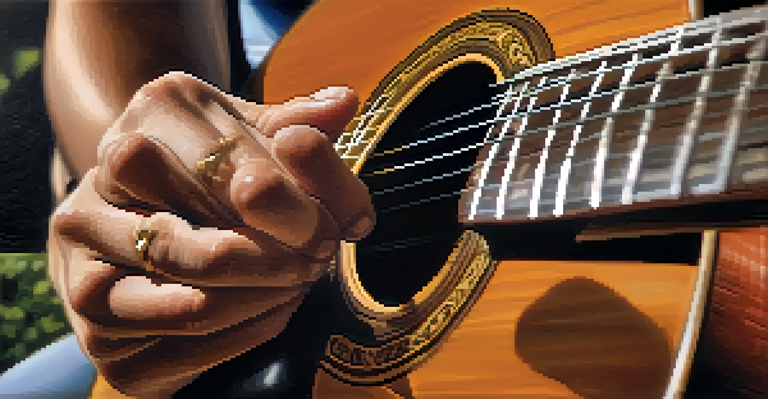 Close-up of a musician's hands on a guitar, with a peaceful expression and calming imagery in the background.