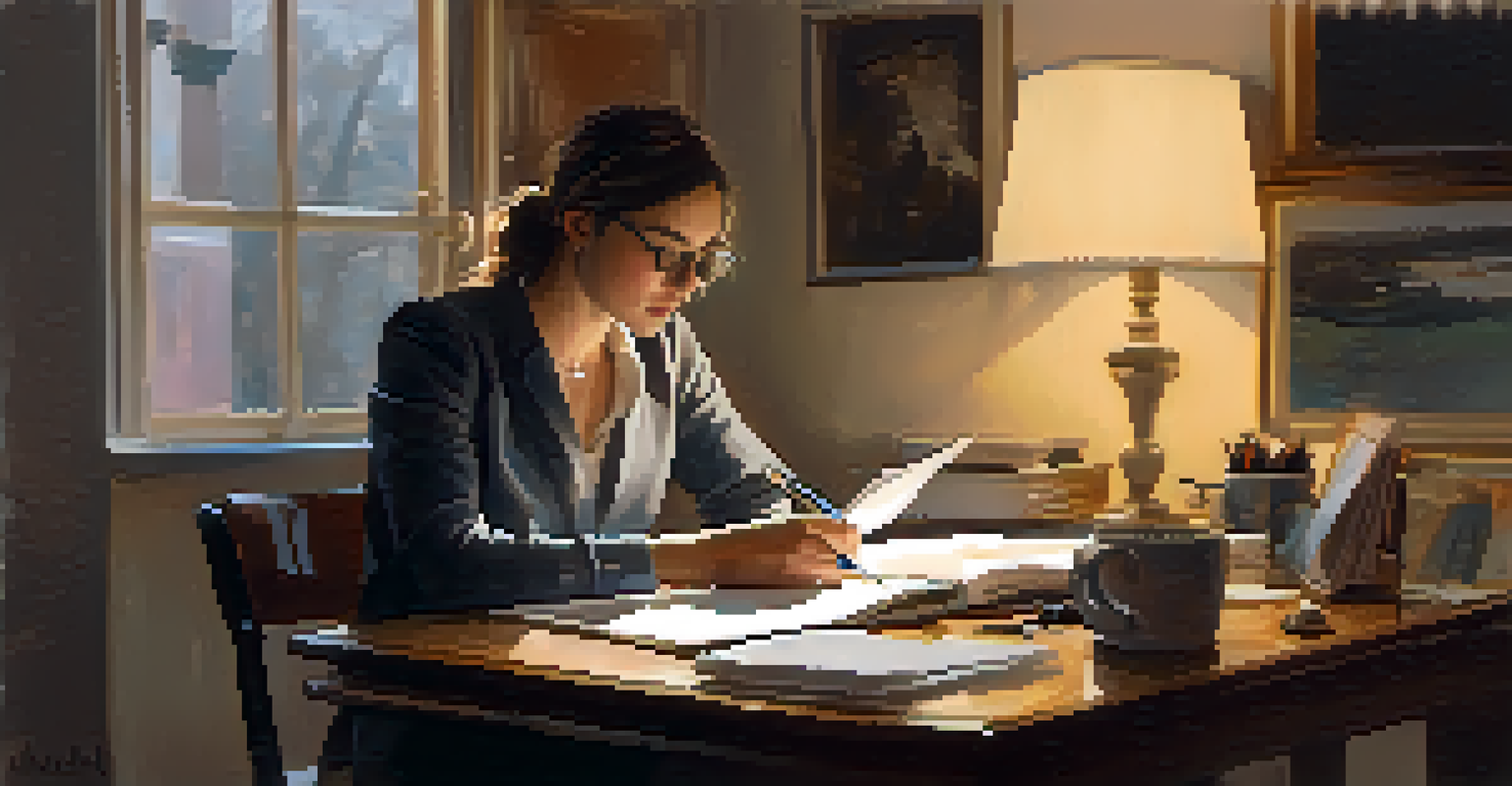 A person reviewing feedback notes in a reflection journal at a cluttered desk, surrounded by stationery and a cup of coffee, in a warm-lit environment.