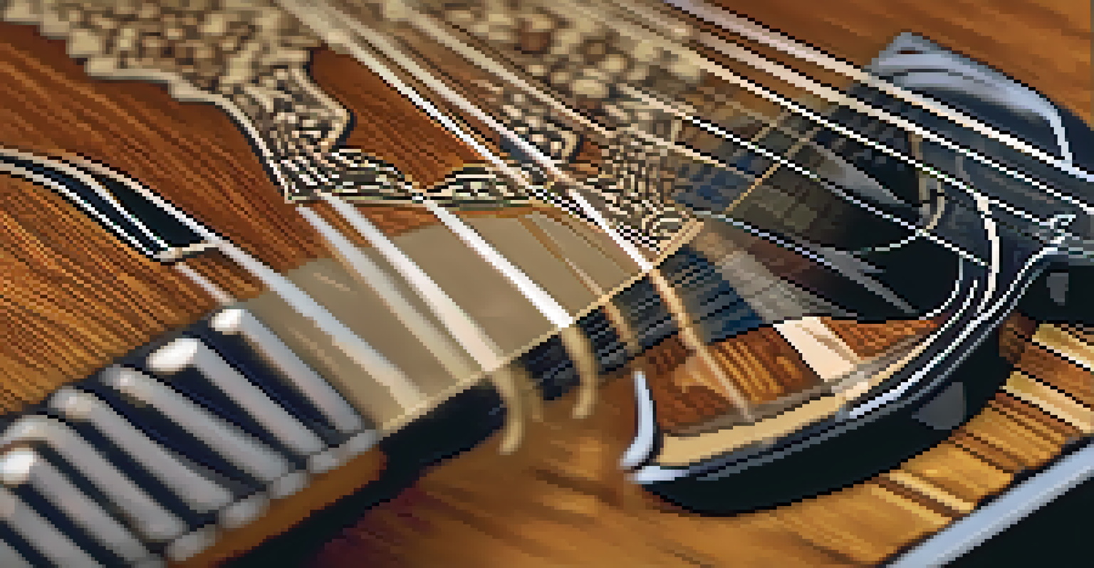 A close-up view of a beautifully crafted guitar, displaying its wood grain and intricate fretboard inlays.