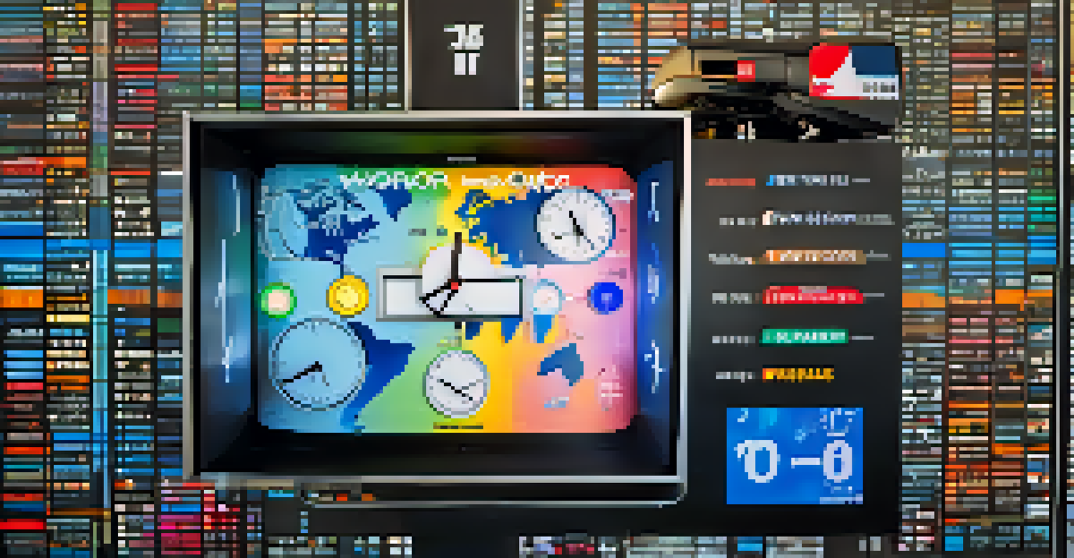 A colorful digital clock illustrating various time zones with a world map background, showing times for major cities like New York, London, and Tokyo.