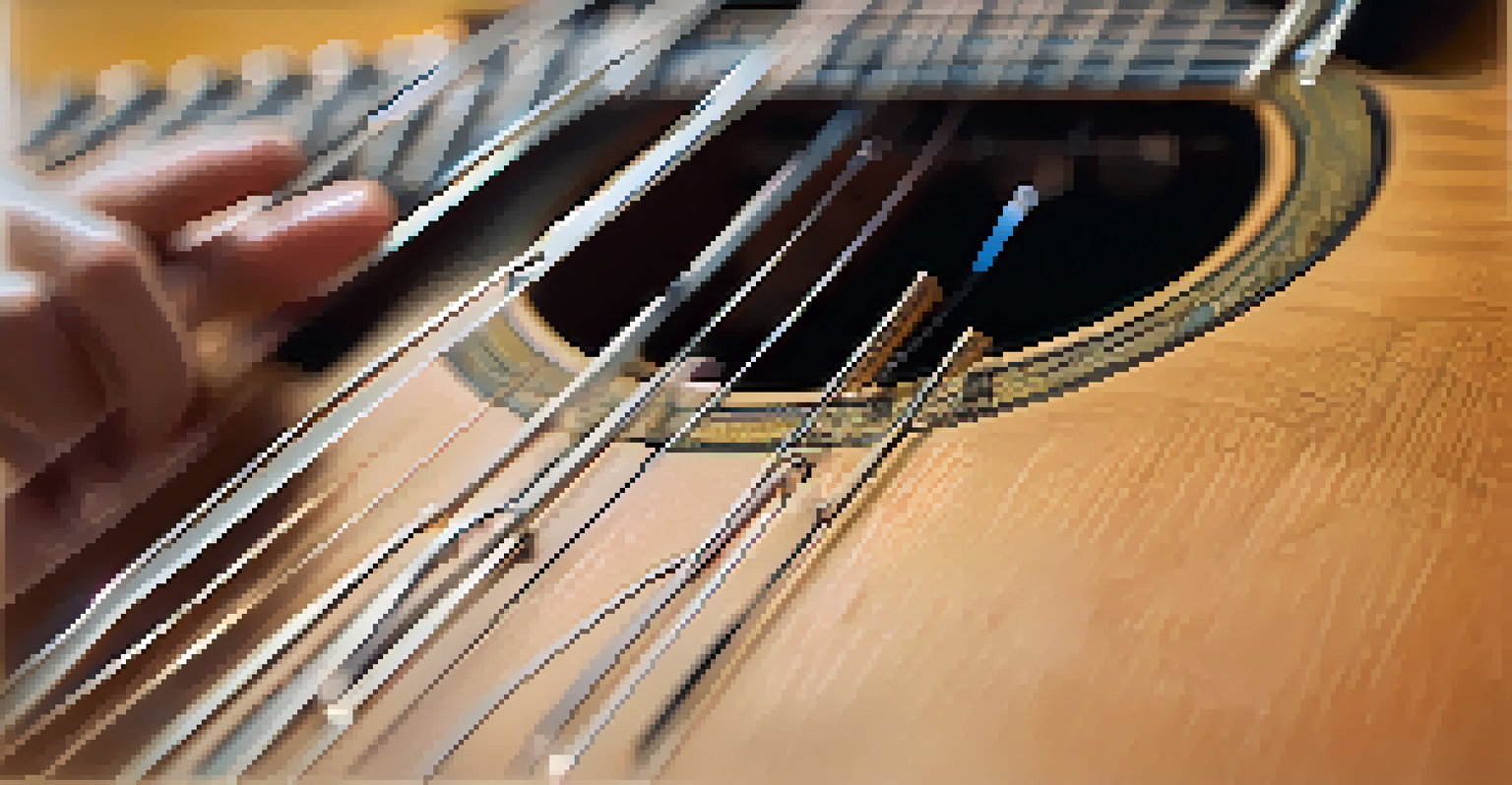 A close-up of a hand playing a guitar, showcasing the strings and fretboard with soft natural light highlighting the wooden texture.