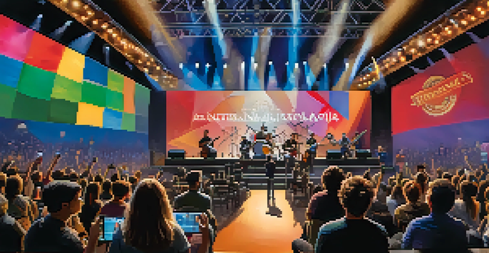 A diverse group of guitarists performing on a grand stage, with an engaged audience and colorful lights creating a vibrant atmosphere.