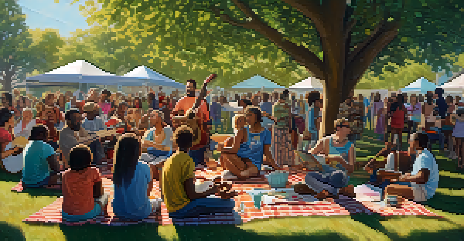 A diverse group of people singing together in a park, each holding guitars, surrounded by trees and picnic items.