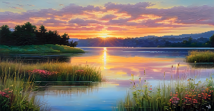 A beautiful sunset over a calm lake with colorful reflections and blooming wildflowers in the foreground.