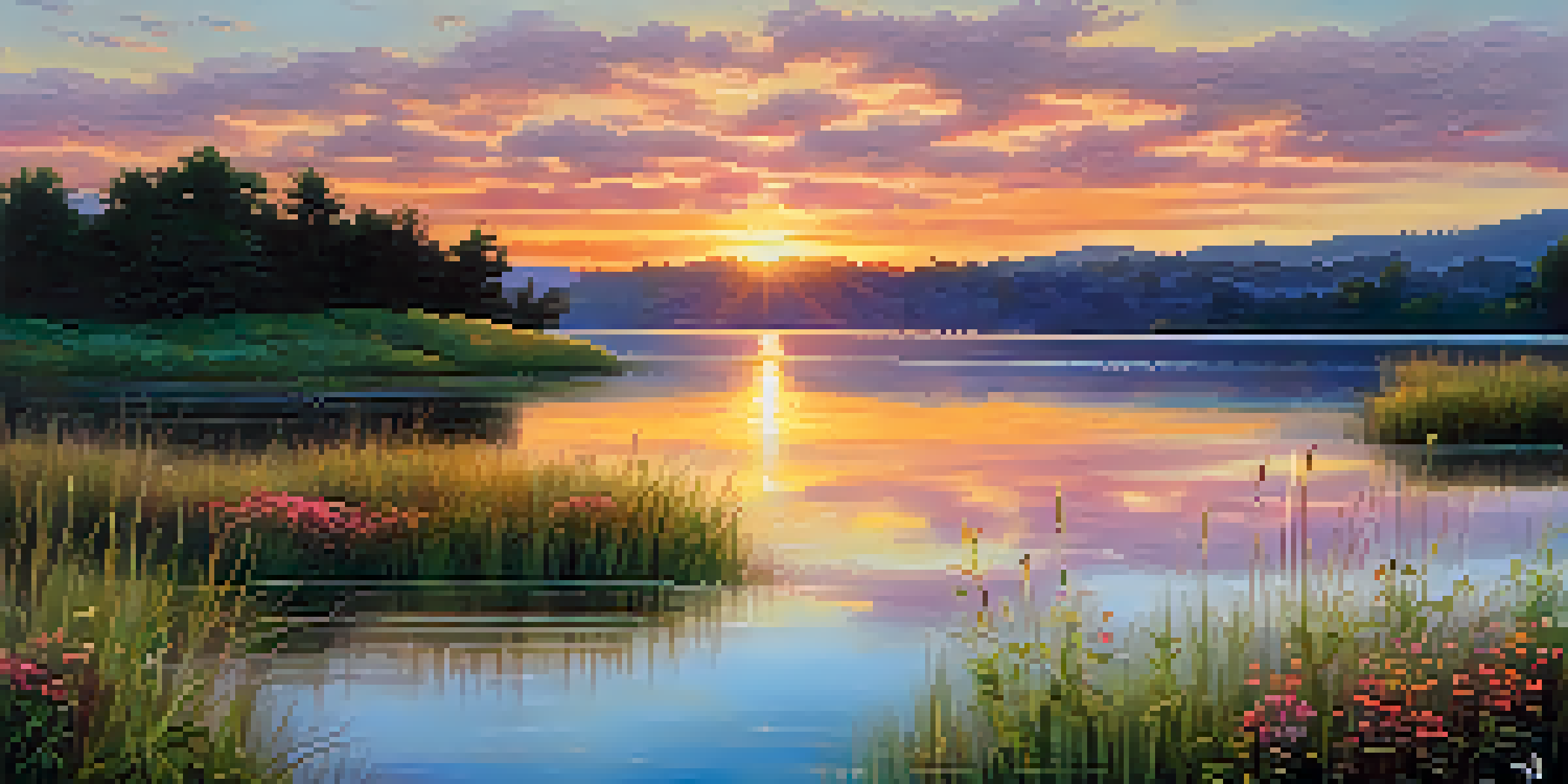 A beautiful sunset over a calm lake with colorful reflections and blooming wildflowers in the foreground.