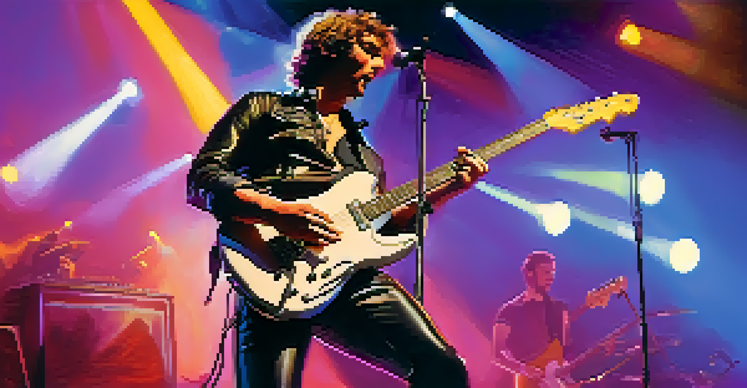 A guitarist performing on stage, showcasing a wide padded strap and vibrant outfit under dynamic stage lights.