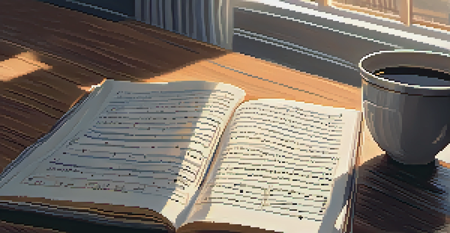 An open songwriting notebook with handwritten lyrics and a cup of coffee on a wooden table.