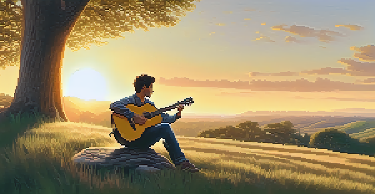 Musician sitting on a hill, playing an acoustic guitar at sunset, surrounded by nature.