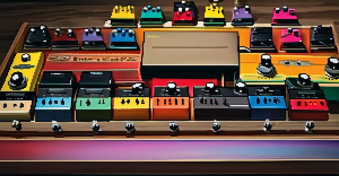 A close-up of a colorful effects pedalboard with various pedals, illuminated by soft warm lighting.