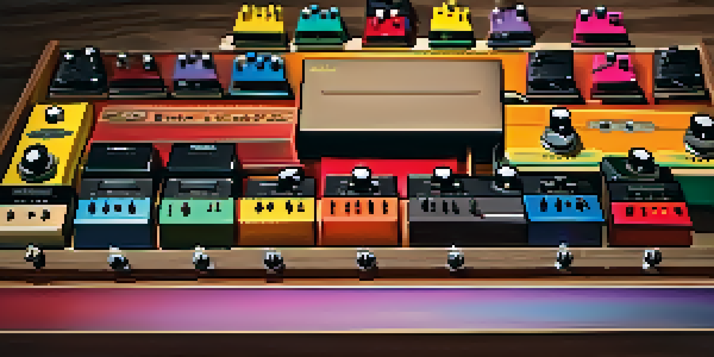 A close-up of a colorful effects pedalboard with various pedals, illuminated by soft warm lighting.