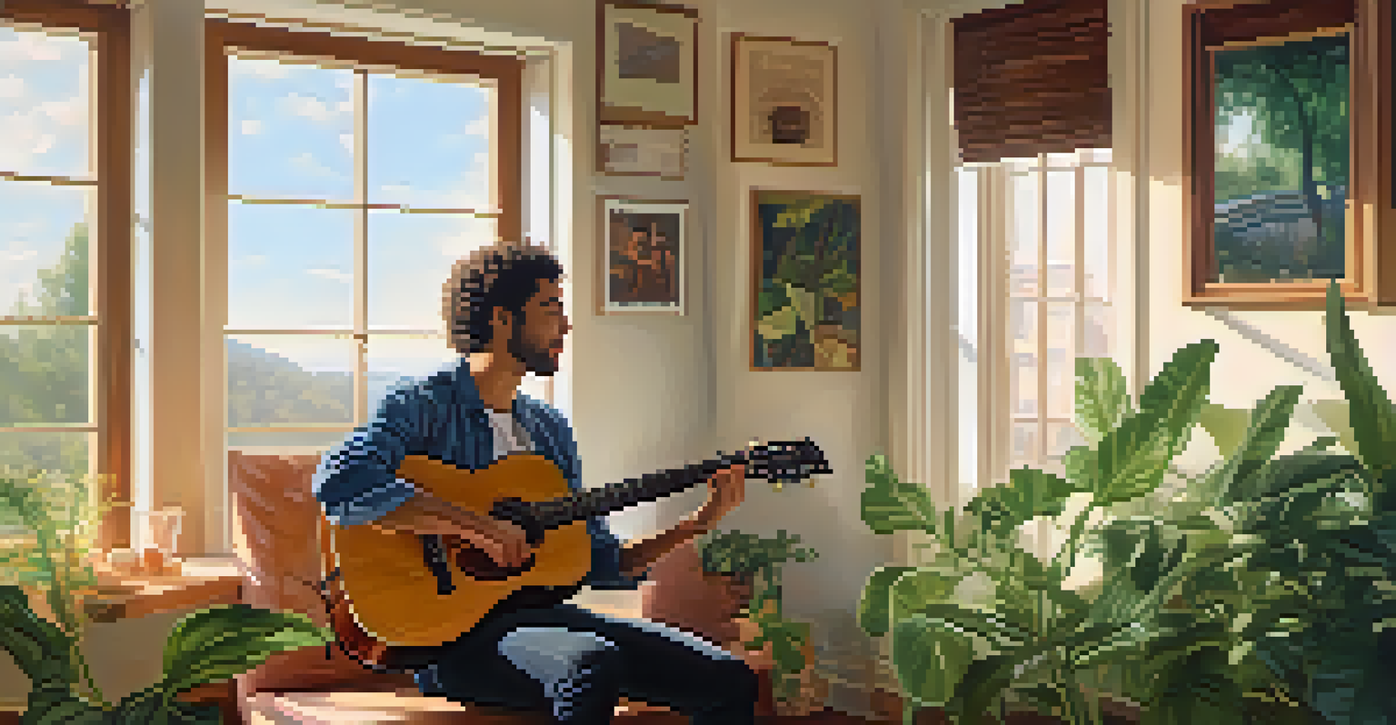 A guitarist practicing breathing techniques in a cozy indoor space with natural light and plants.