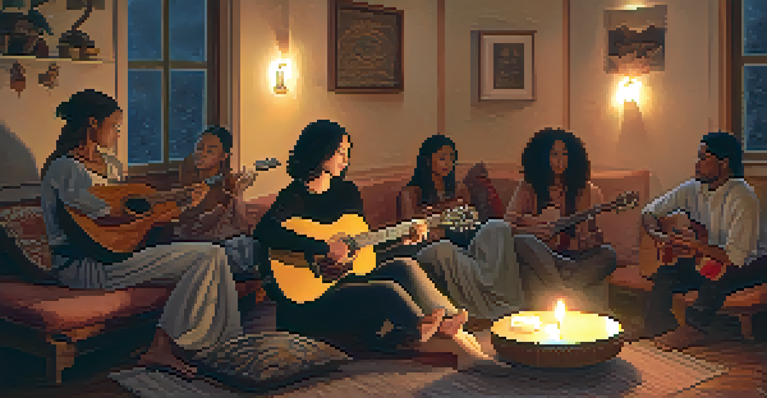 A diverse group of people sitting in a circle, listening to a young woman playing guitar in a candlelit room.